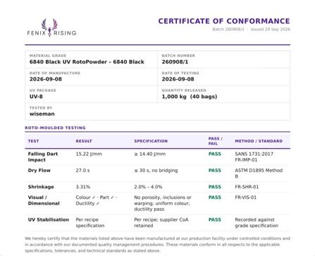 Sample Certificate of Conformance for batch 260908/1, 6840 Black UV RotoPowder